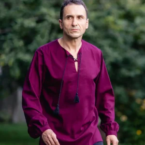 Lniana bordowa koszula męska folkowa z wiązaniem