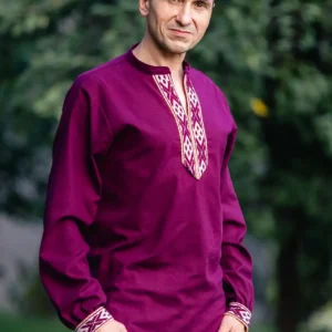 Bordowa folkowa koszula męska zdobiona krajką z wybieranym wzorem